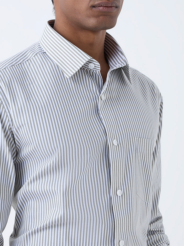 WES Formals Green Striped Relaxed Fit Cotton Shirt