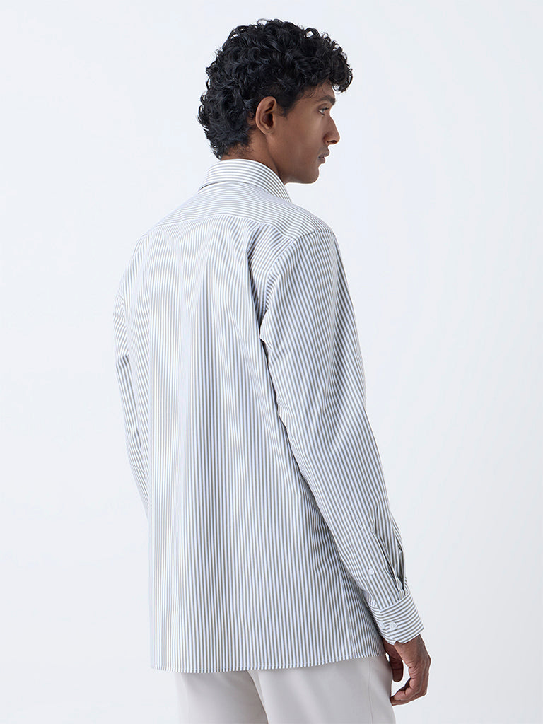 WES Formals Green Striped Relaxed Fit Cotton Shirt