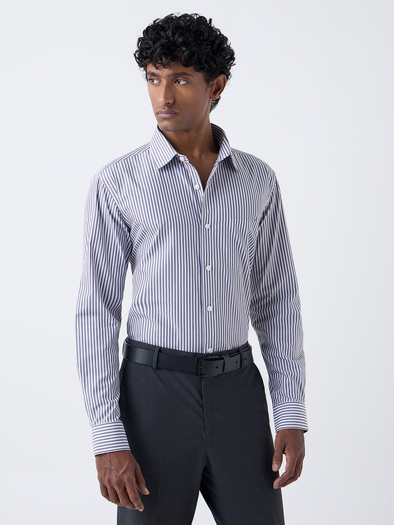 WES Formals Dark Grey Striped Relaxed-Fit Cotton Shirt