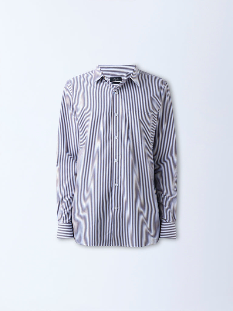 WES Formals Dark Grey Striped Relaxed-Fit Cotton Shirt