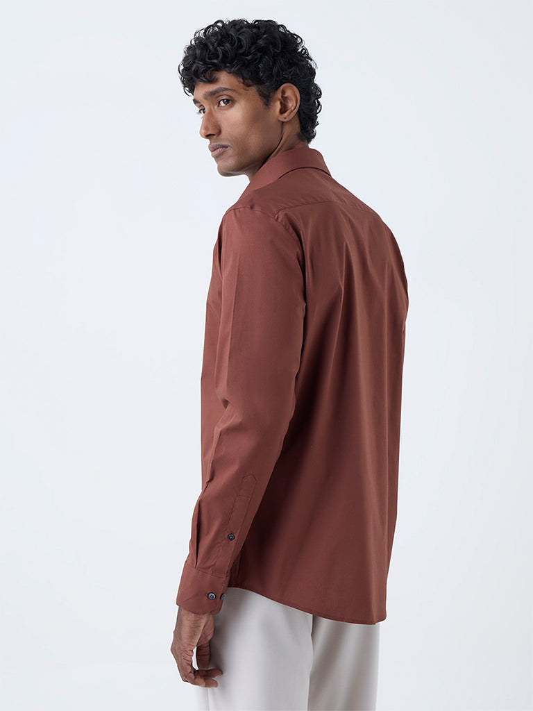 WES Formals Brown Solid Ultra Slim Fit Cotton-Blend Shirt