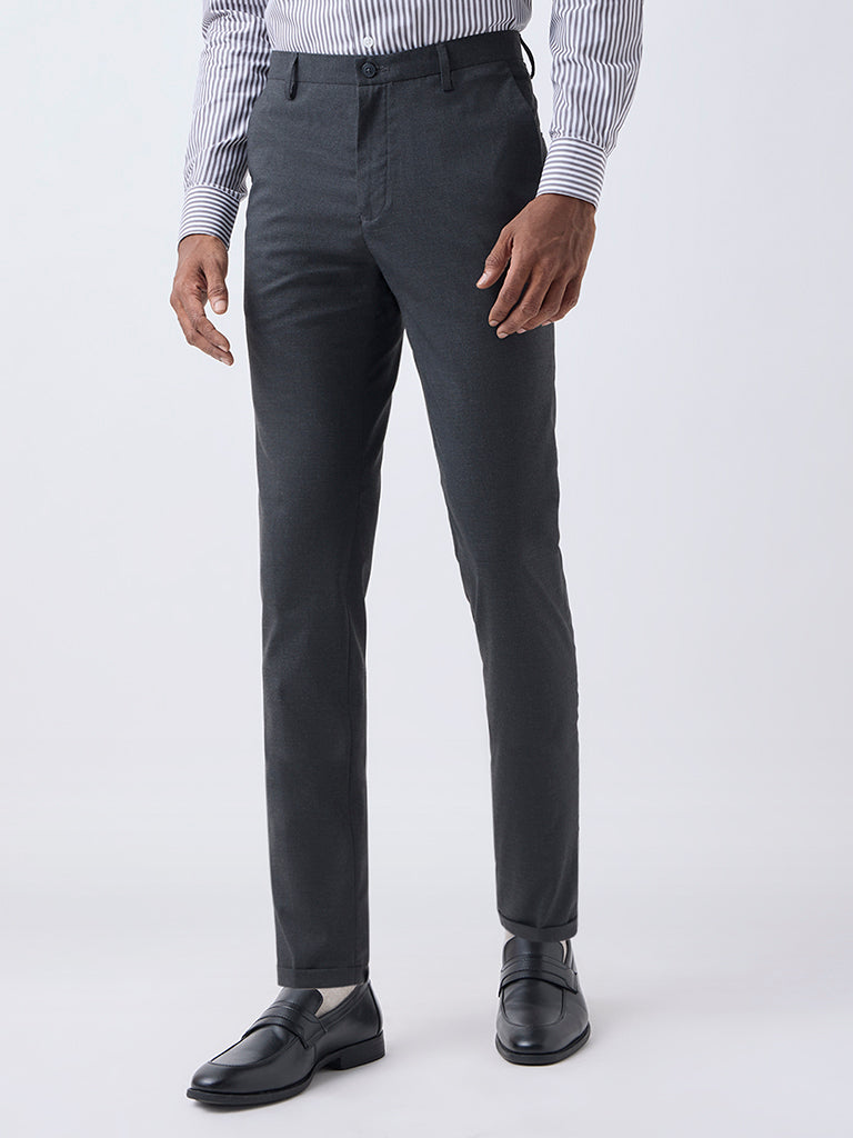 WES Formals Charcoal Slim-Fit Mid-Rise Trousers