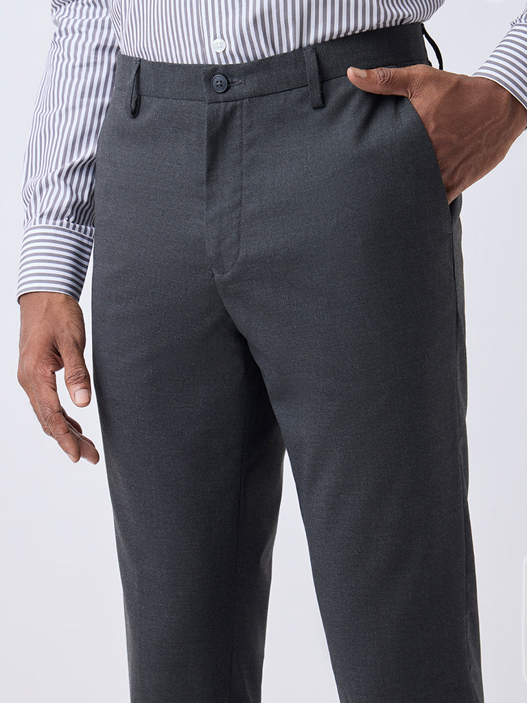 WES Formals Charcoal Slim-Fit Mid-Rise Trousers