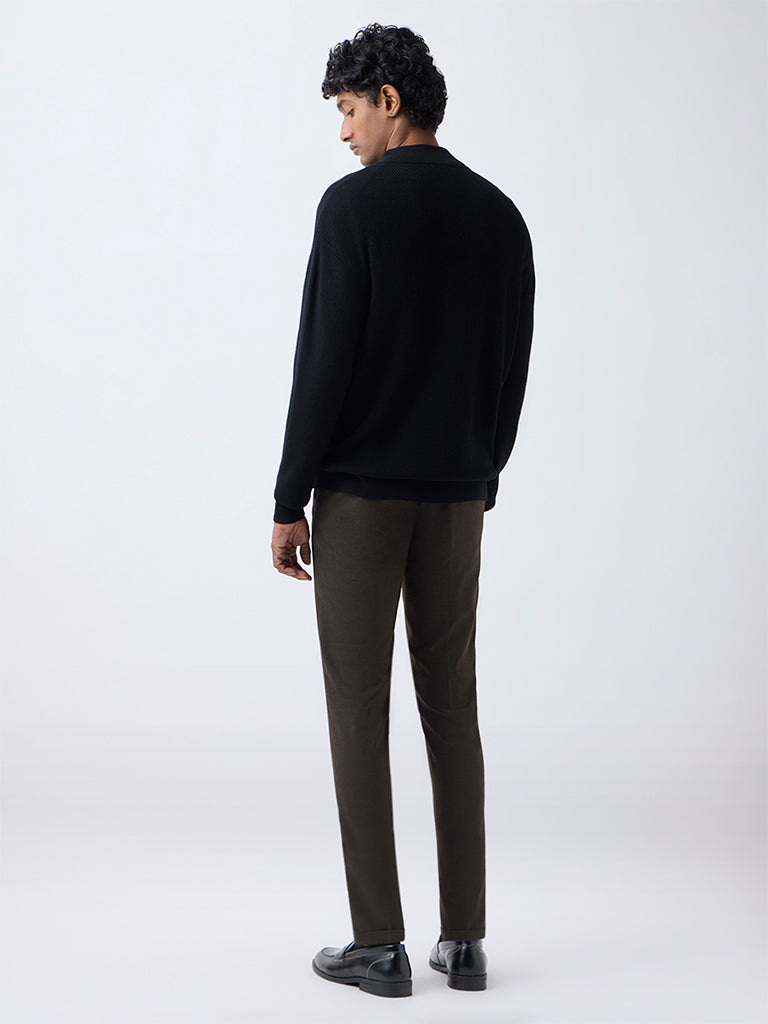 WES Formals Brown Checkered Slim-Fit Mid-Rise Trousers