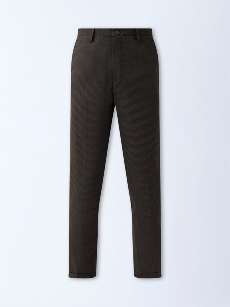 WES Formals Brown Checkered Slim-Fit Mid-Rise Trousers
