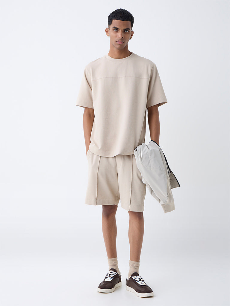 Studiofit Beige Self-Textured Relaxed-Fit Cotton-Blend T-Shirt