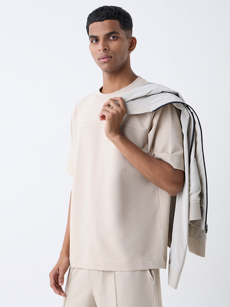 Studiofit Beige Self-Textured Relaxed-Fit Cotton-Blend T-Shirt