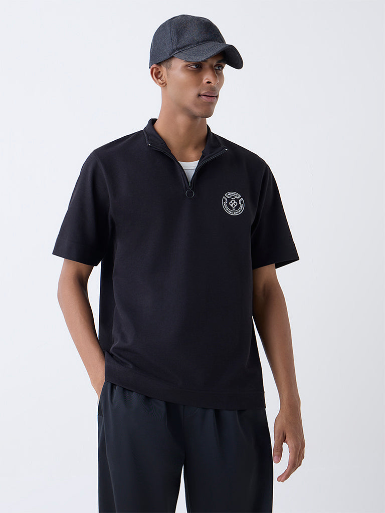 Studiofit Black Quarter-Zip Relaxed-Fit Cotton-Blend T-Shirt