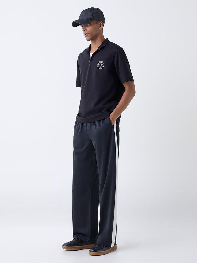Studiofit Black Quarter-Zip Relaxed-Fit Cotton-Blend T-Shirt