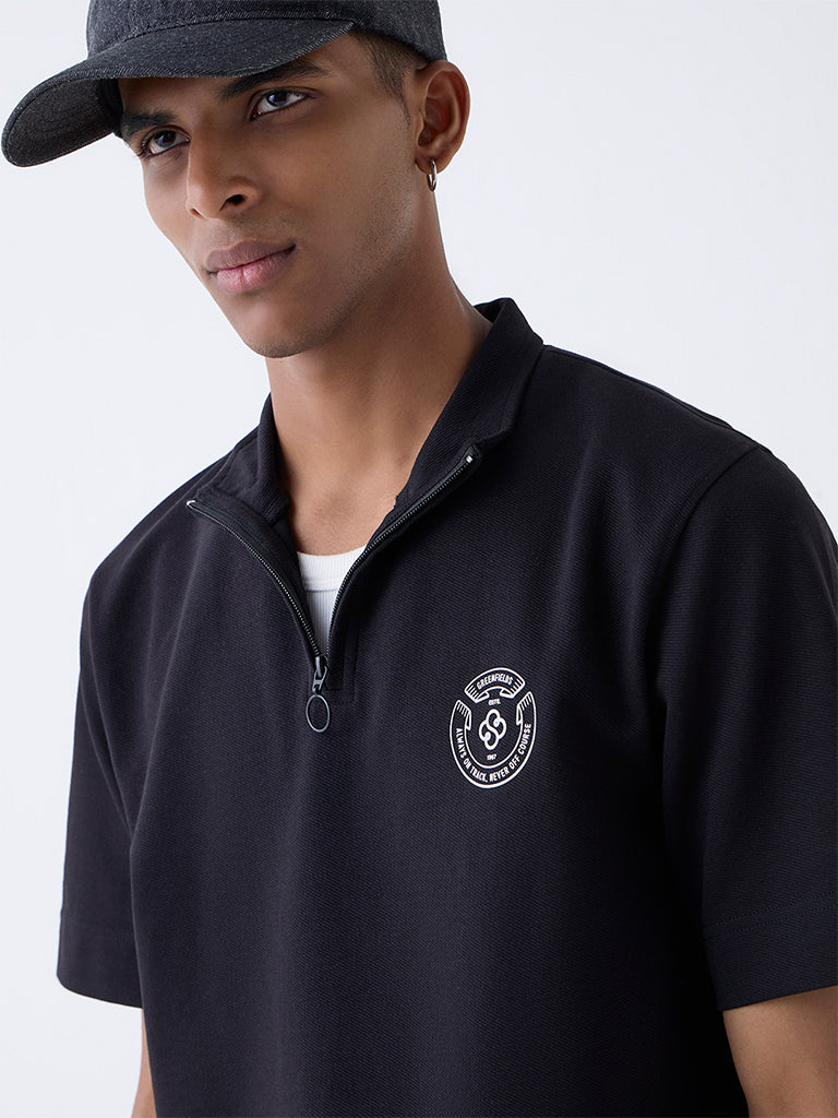 Studiofit Black Quarter-Zip Relaxed-Fit Cotton-Blend T-Shirt