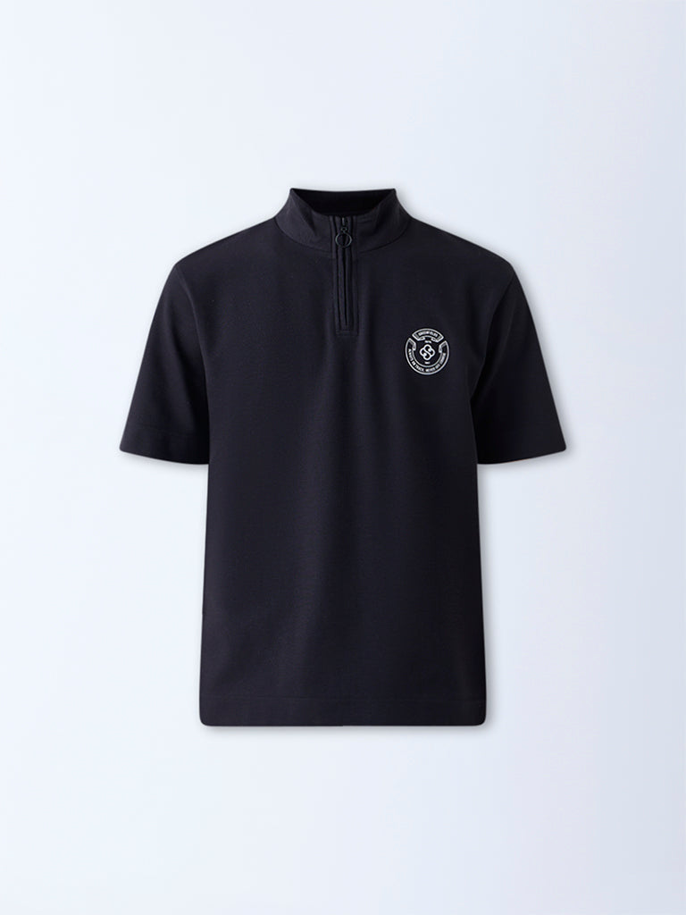 Studiofit Black Quarter-Zip Relaxed-Fit Cotton-Blend T-Shirt