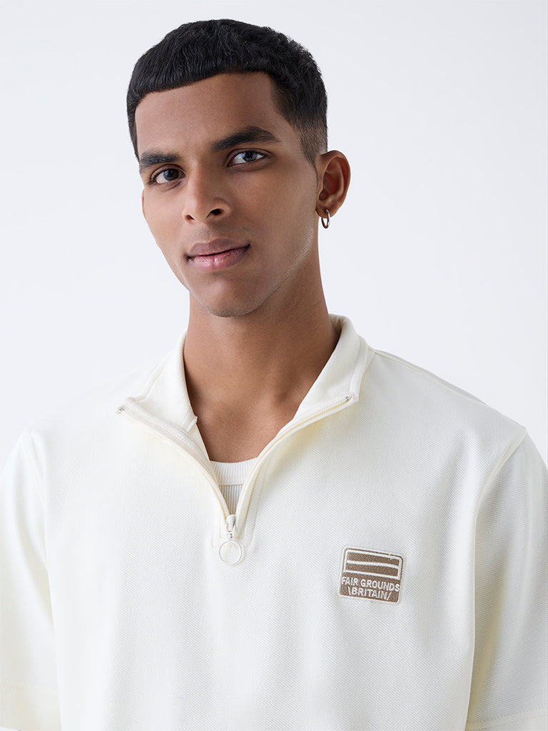 Studiofit Off-White Quarter-Zip Relaxed-Fit Cotton-Blend T-Shirt