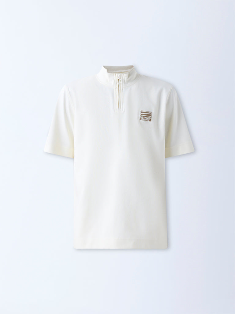 Studiofit Off-White Quarter-Zip Relaxed-Fit Cotton-Blend T-Shirt
