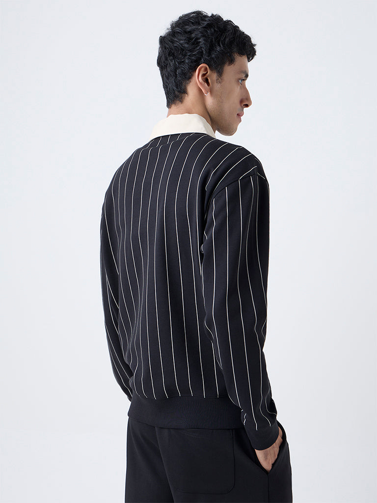 Studiofit Black Striped Relaxed-Fit Polo Sweatshirt
