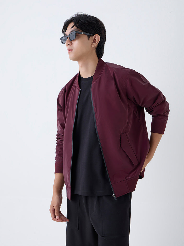 Westside Studiofit Men's Wine Solid Relaxed-Fit Jacket for Sports Wear Front view