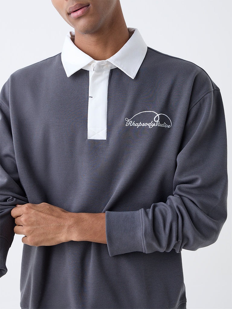 Studiofit Grey Text Detailed Relaxed-Fit Polo T-Shirt