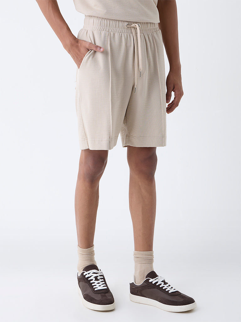 Studiofit Beige Self-Textured Relaxed-Fit Mid-Rise Cotton-Blend Shorts