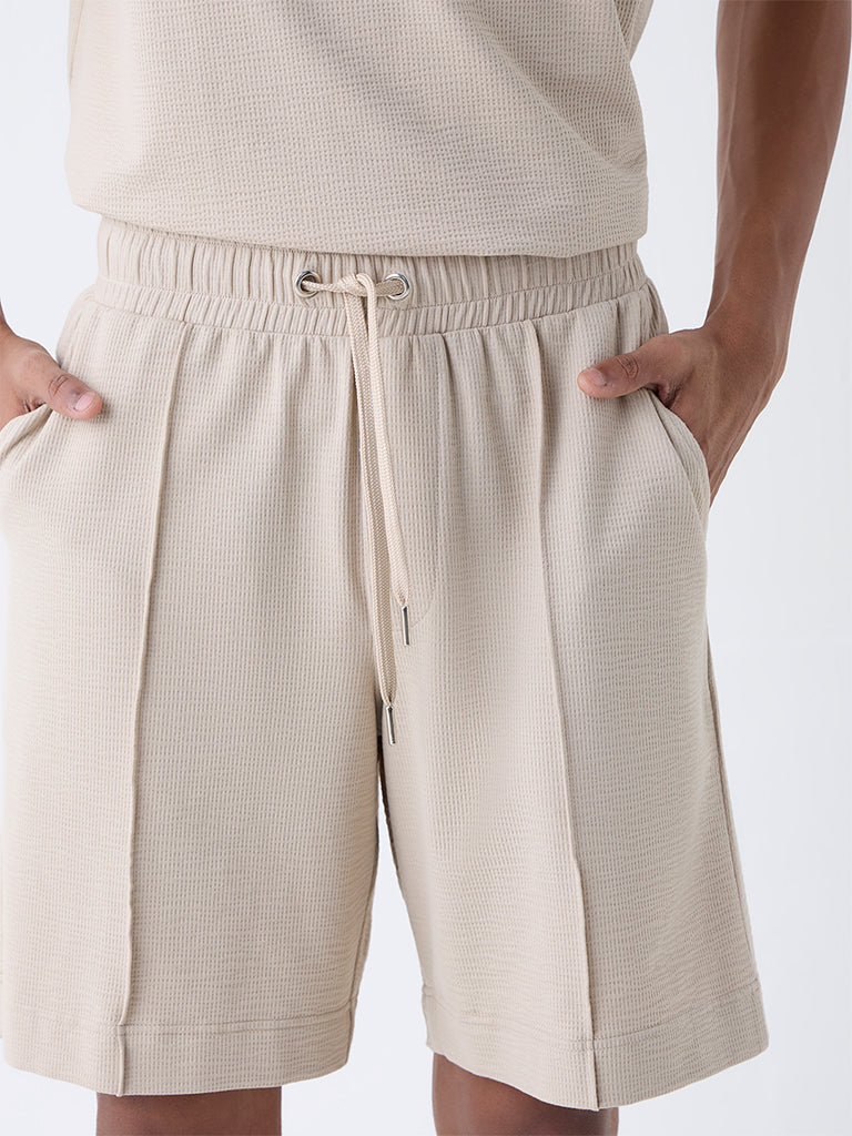 Studiofit Beige Self-Textured Relaxed-Fit Mid-Rise Cotton-Blend Shorts