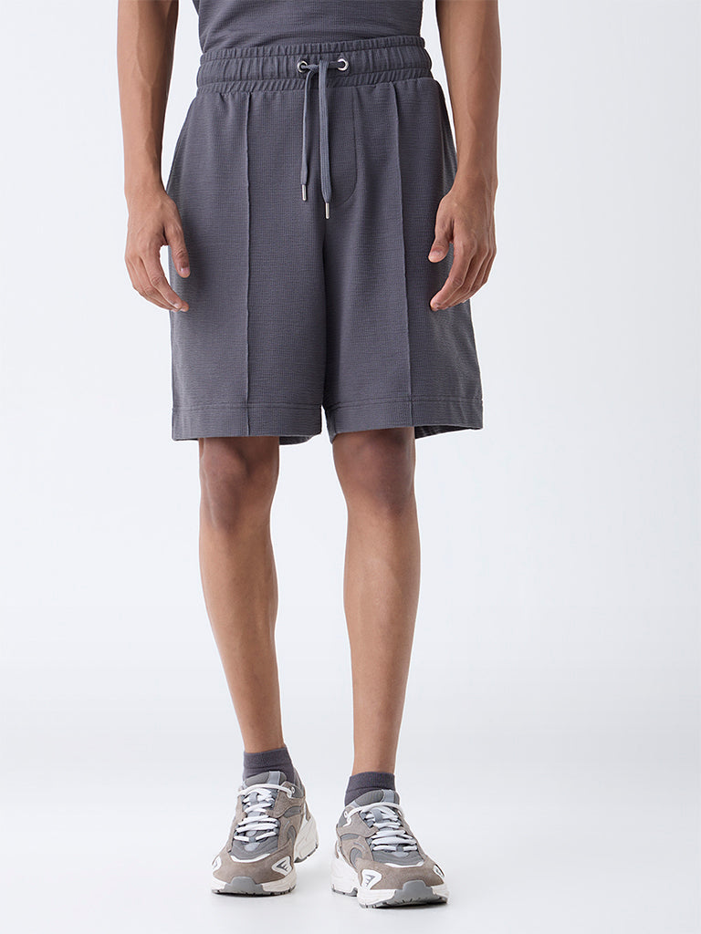 Studiofit Dark Grey Textured Relaxed-Fit Mid-Rise Cotton-Blend Shorts