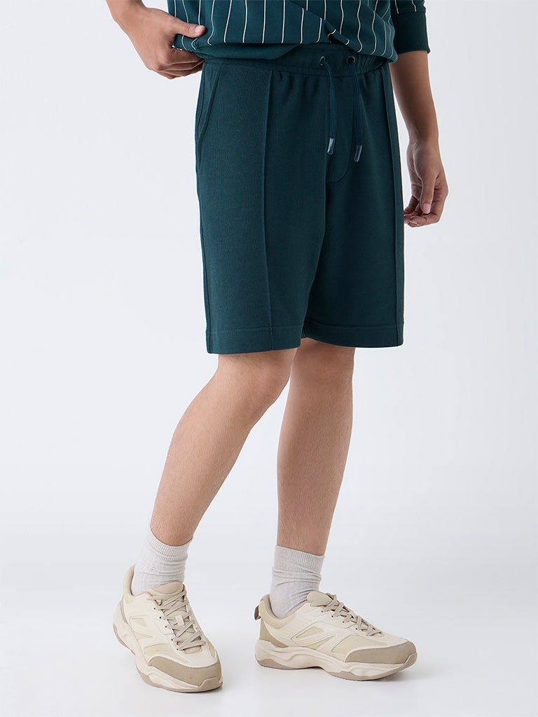 Studiofit Green Solid Relaxed-Fit Mid-Rise Cotton-Blend Shorts