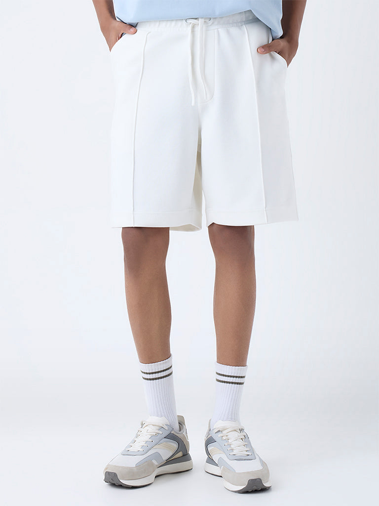Studiofit White Solid Relaxed-Fit Mid-Rise Cotton-Blend Shorts