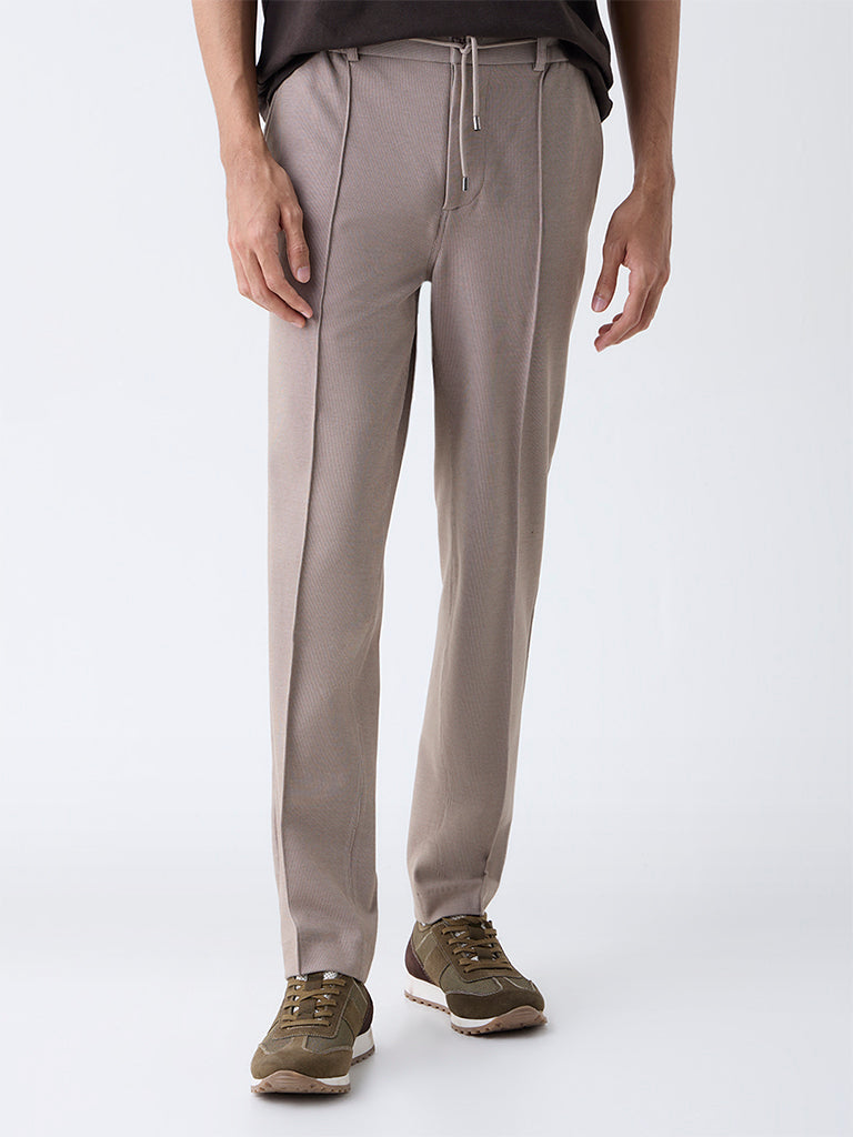 Studiofit Beige Solid Mid-Rise Track Pants