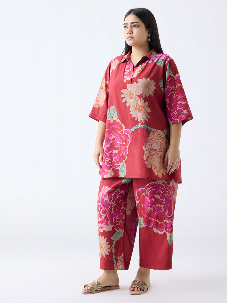 Diza Red Floral Design Ethnic Pants