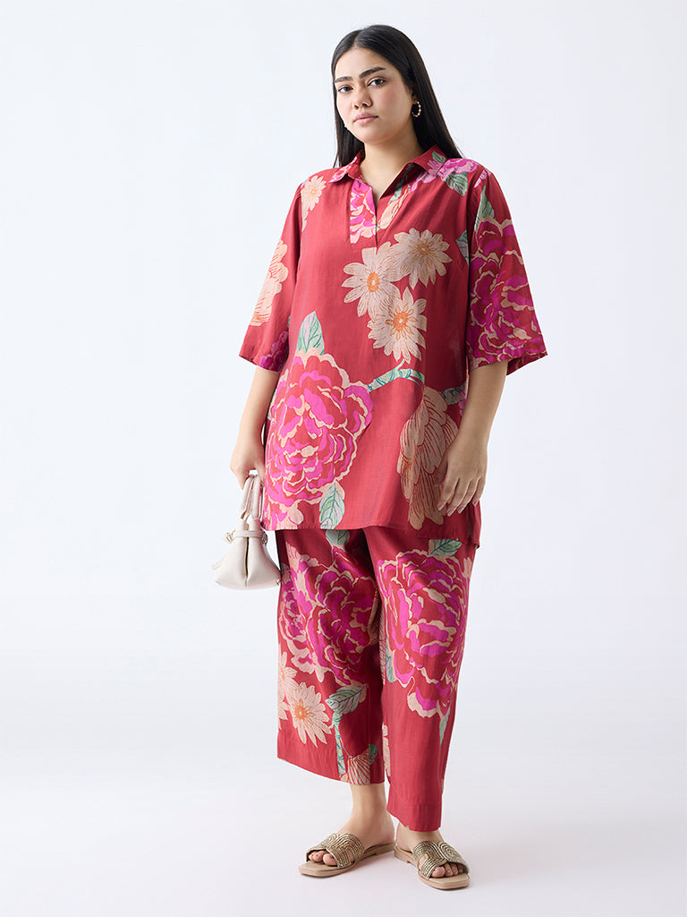 Diza Red Floral Pattern High-Low Tunic