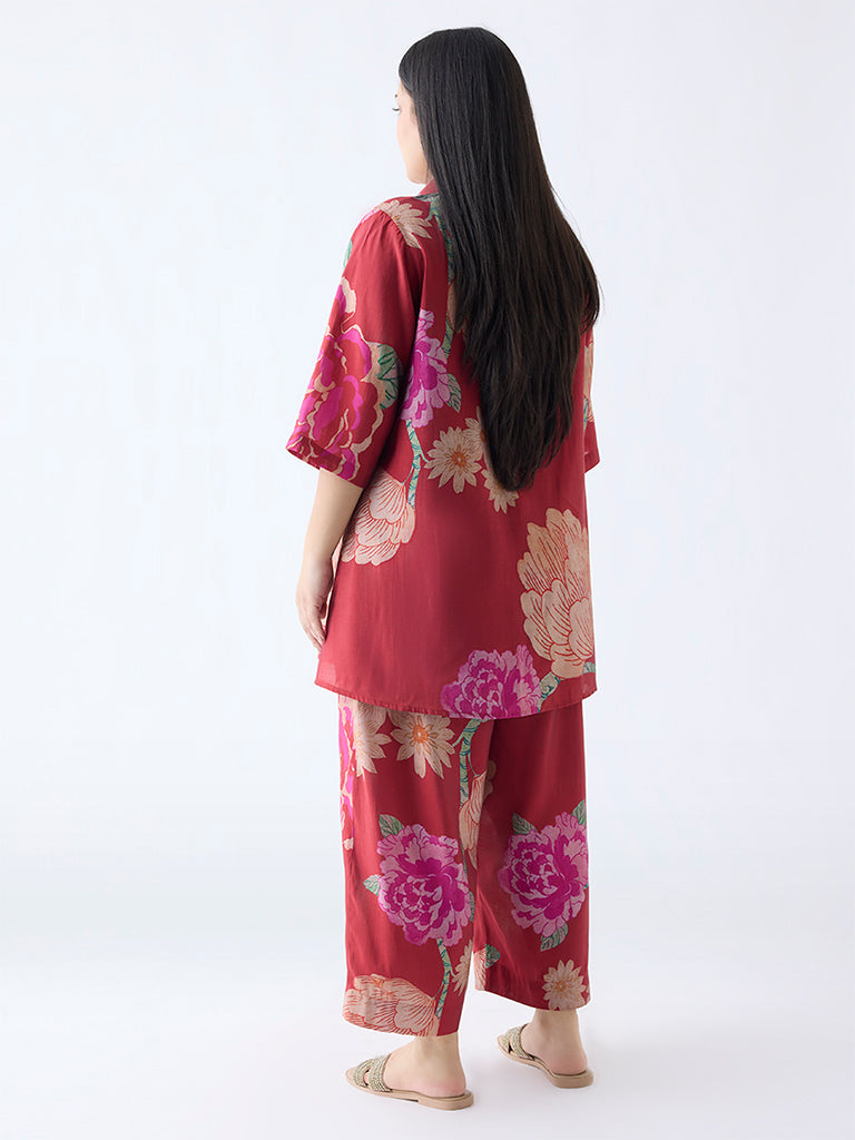 Diza Red Floral Pattern High-Low Tunic