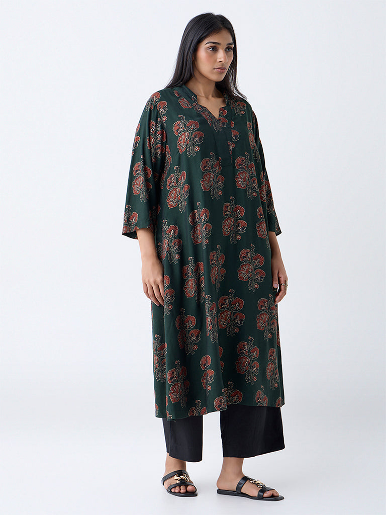 Diza Green Floral Design A-Line Kurta