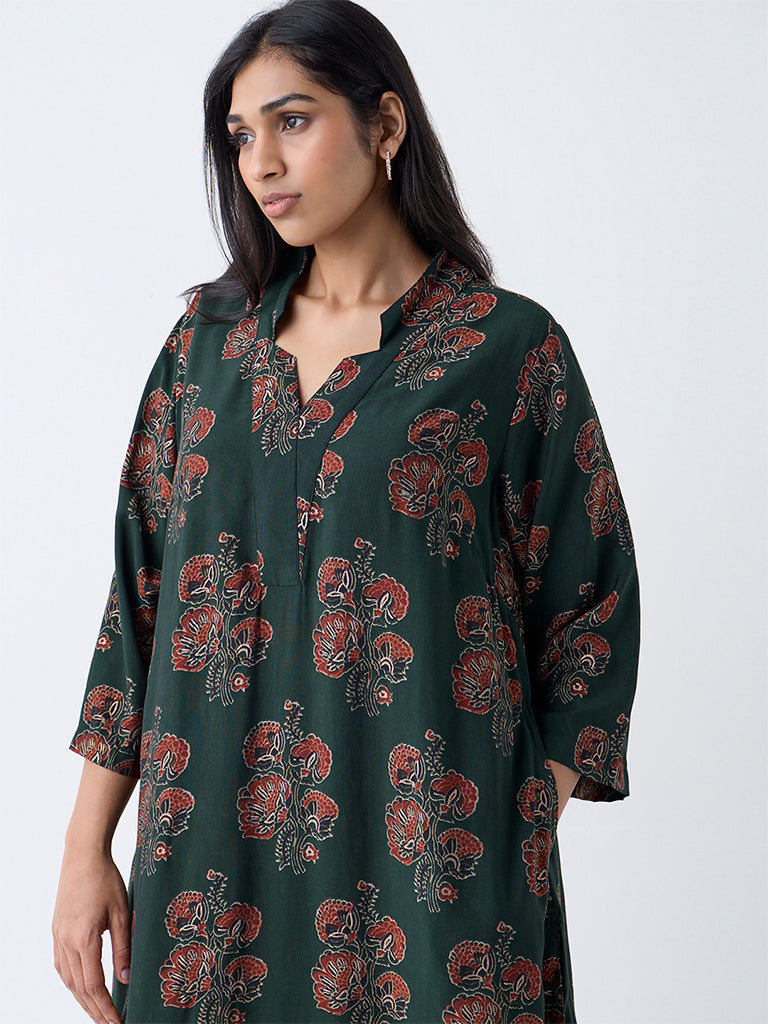 Diza Green Floral Design A-Line Kurta