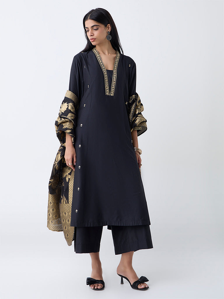 Vark Black Floral Embroidered A-Line Ethnic Set