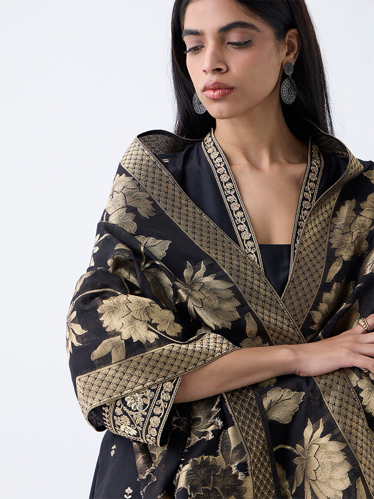 Vark Black Floral Embroidered A-Line Ethnic Set