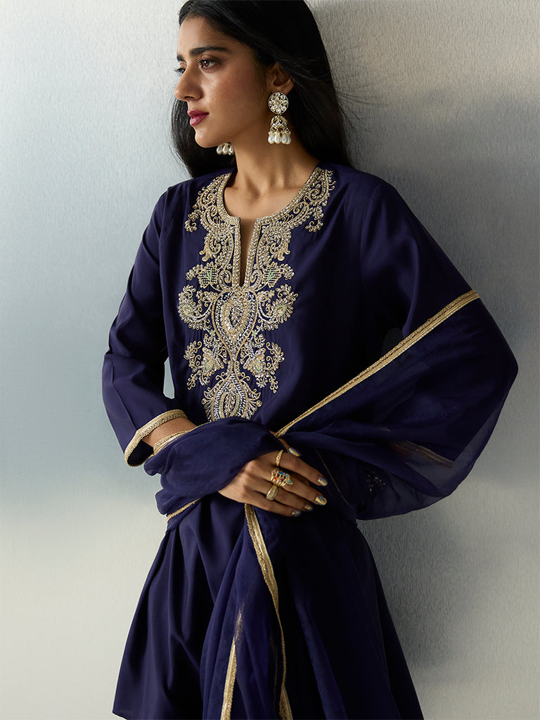 Vark Navy Sequin Embellished A-Line Ethnic Set