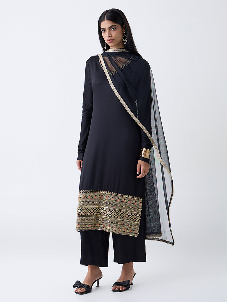 Vark Black Embroidered A-Line Ethnic Set