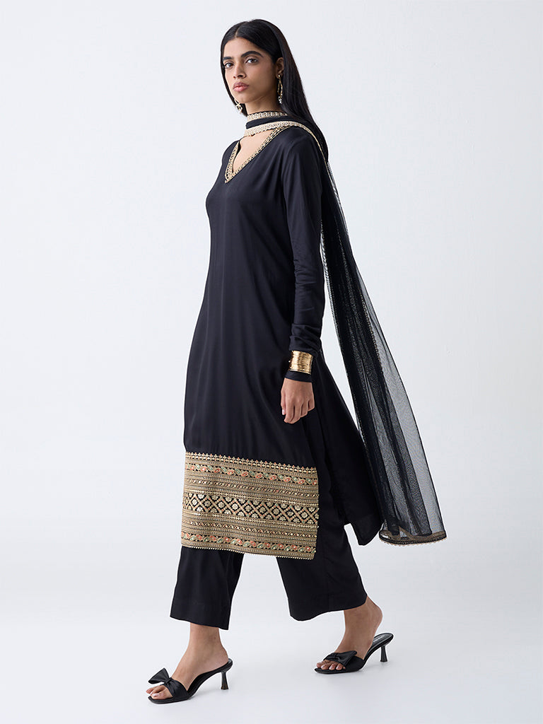 Vark Black Embroidered A-Line Ethnic Set