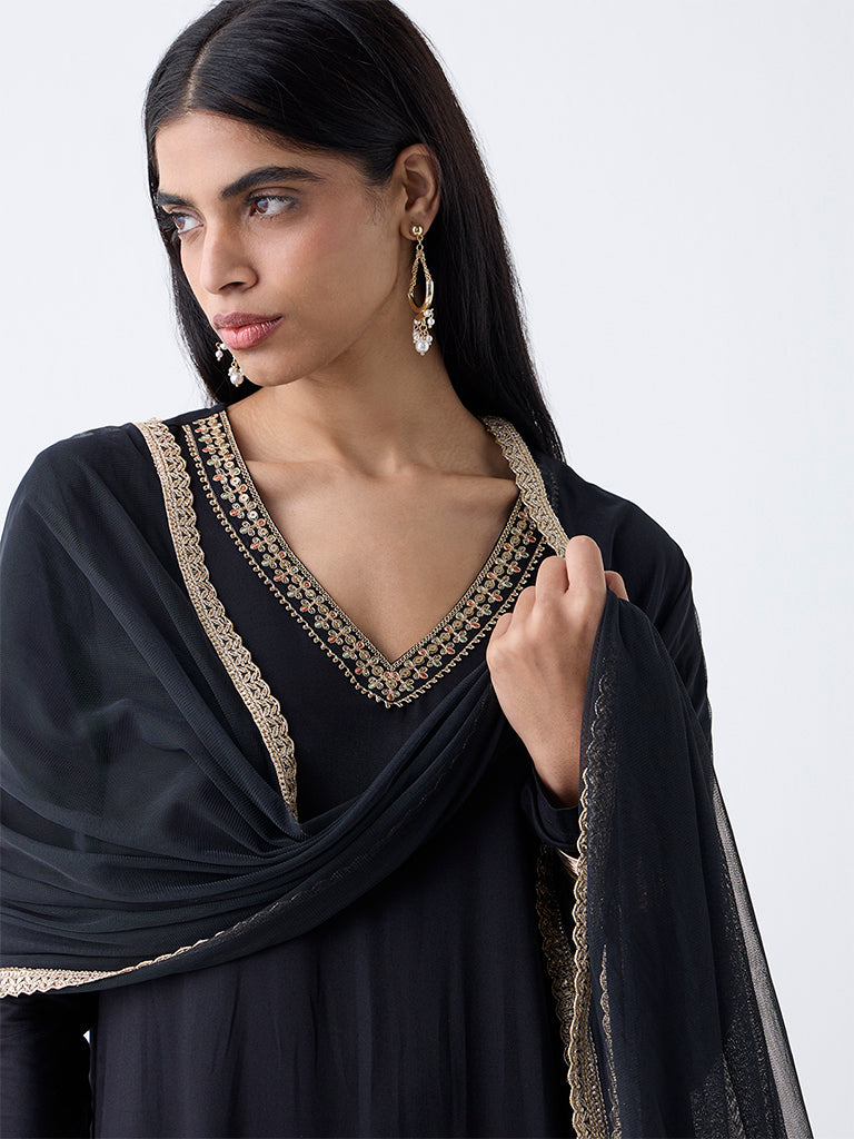Vark Black Embroidered A-Line Ethnic Set