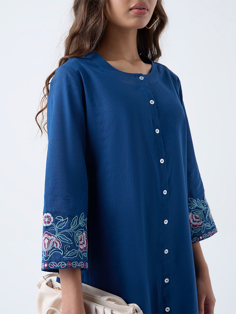 Utsa Blue Floral Embroidered Cotton-Blend A-Line Kurta