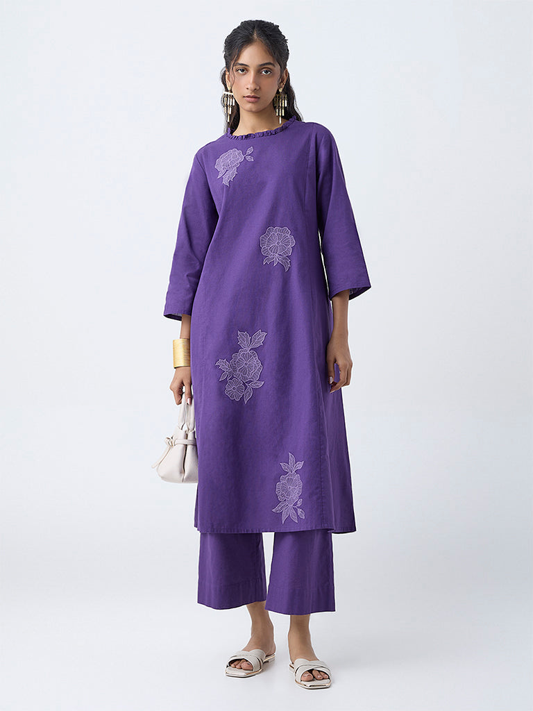 Utsa Purple Floral Embroidered Cotton-Blend A-Line Kurta
