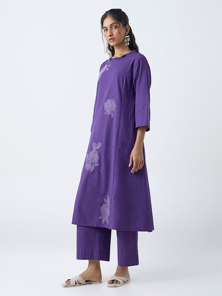 Utsa Purple Floral Embroidered Cotton-Blend A-Line Kurta