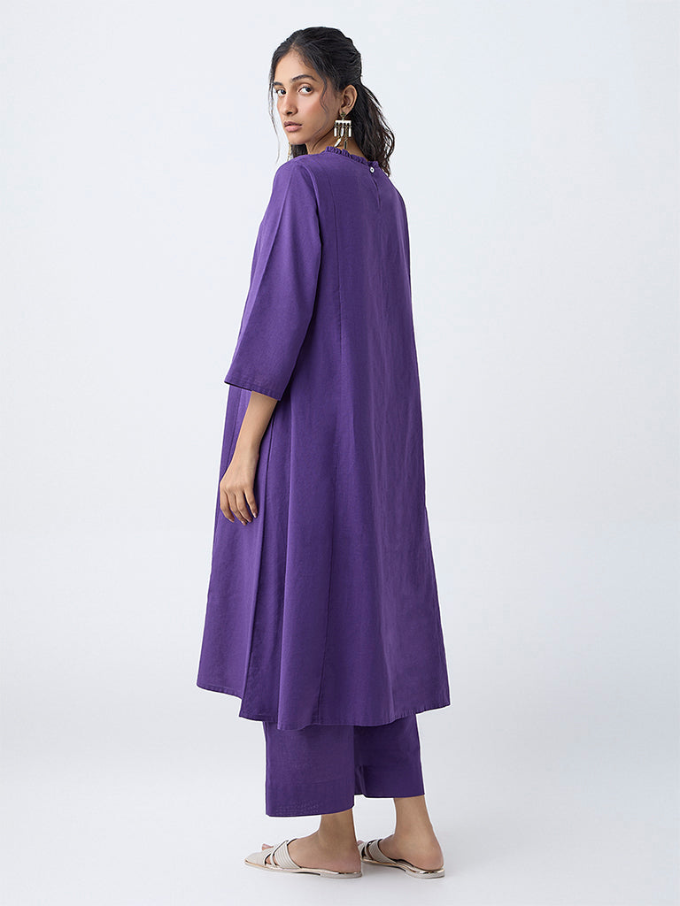 Utsa Purple Floral Embroidered Cotton-Blend A-Line Kurta