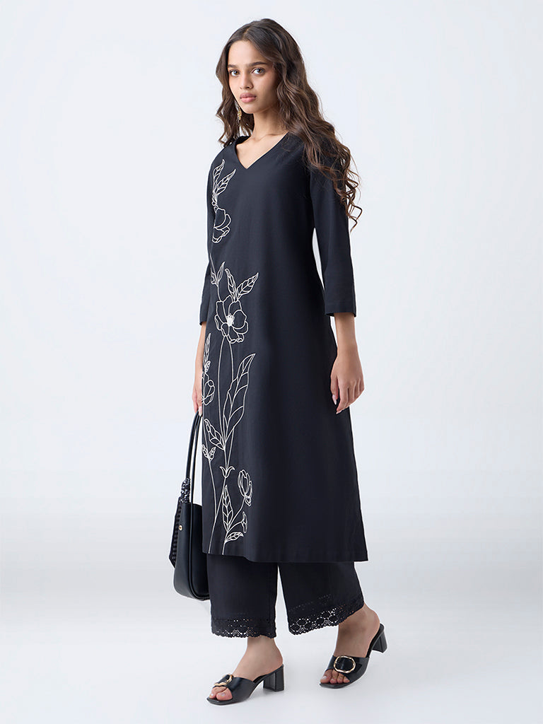 Utsa Black Floral Embroidered Cotton-Blend A-Line Kurta