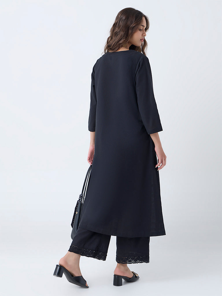 Utsa Black Floral Embroidered Cotton-Blend A-Line Kurta