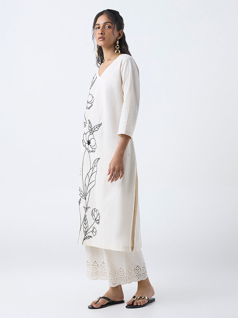 Utsa Light Beige Embroidered Cotton-Blend A-Line Kurta