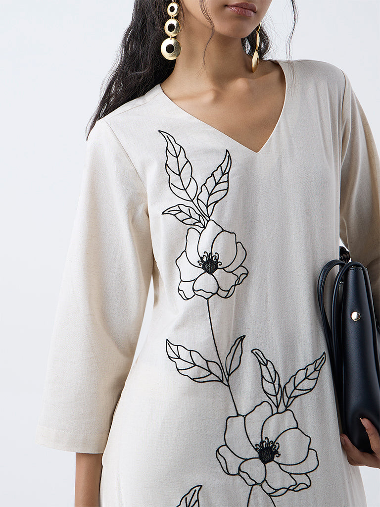 Utsa Light Beige Embroidered Cotton-Blend A-Line Kurta