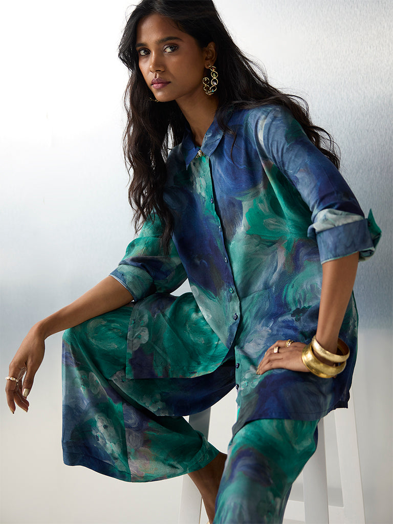 Utsa Green Watercolour Floral Pattern Tunic