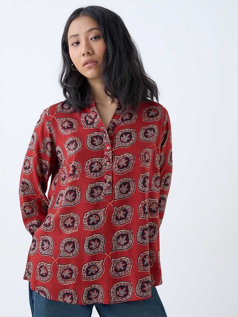 Westside Utsa Women's Red Botanical Printed Tunic for Everyday Front View