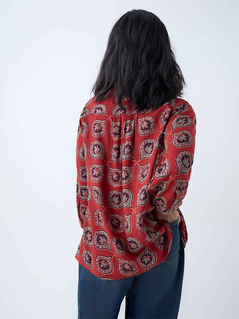 Westside Utsa Women's Red Botanical Printed Tunic for Everyday Back View