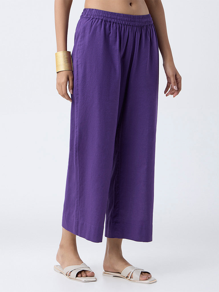 Utsa Purple Cotton-Blend Palazzos