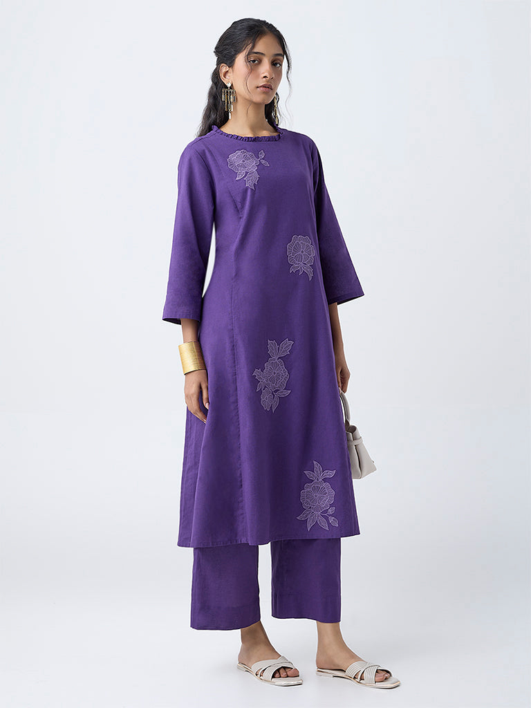 Utsa Purple Cotton-Blend Palazzos
